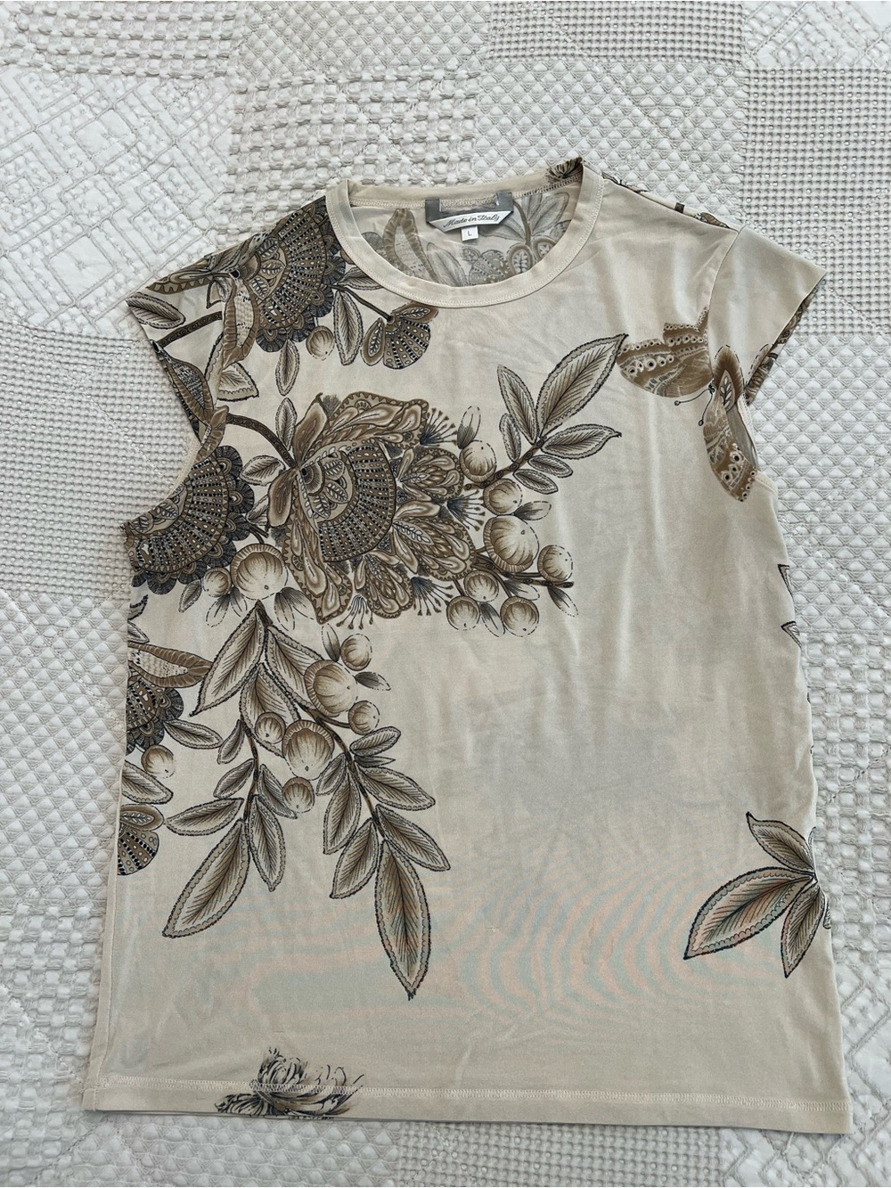 Les Copains Beige Floral Print Cap-Sleeve Top Blouse shirt Italy size L